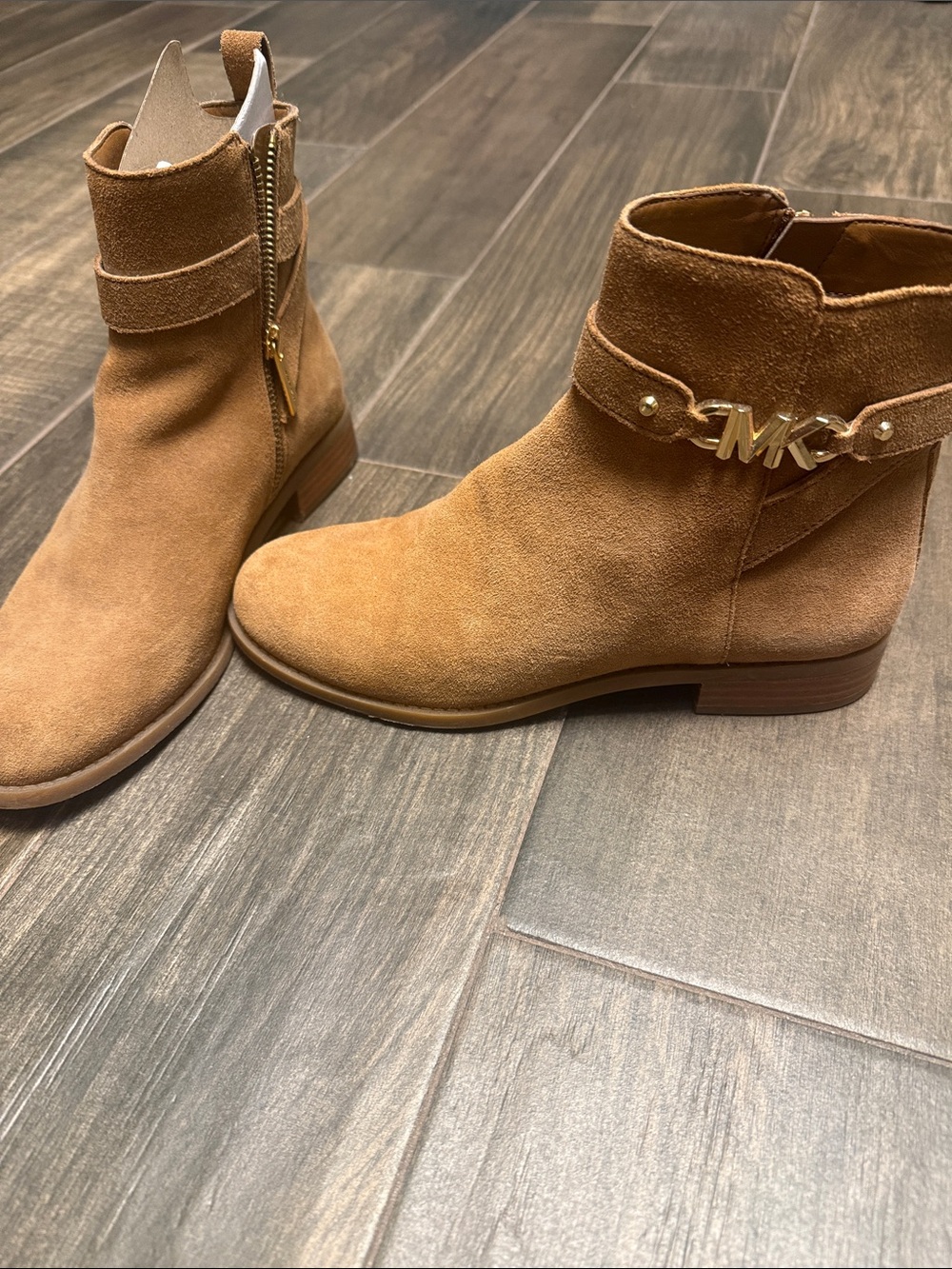 Michael Kors Camel Suede Ankle Booties with Gold MK Accent